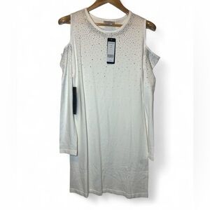 bebe‎ Women' XL Ivory Cold Shoulder Cutout Crystal Sweater Party Bodycon Dress